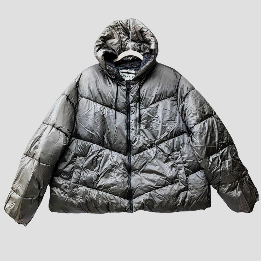 Ava Viv Puffer Jacket Short 2X Plus Winter Hood Coat Faux Fur Full Zip Silver